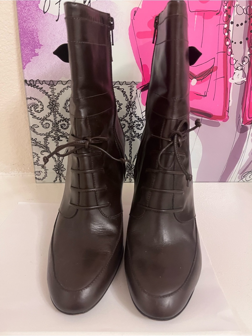 Via Spiga Chocolate Brown Lace-Up Stiletto Ankle Boots - Size 10.5 M